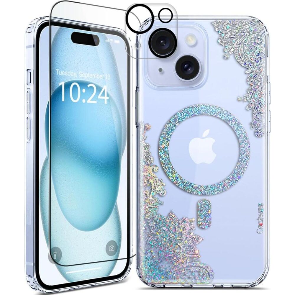 Clear Glitter for iPhone 15 Plus Case- Compatible with MagSafe, Mandala Henna